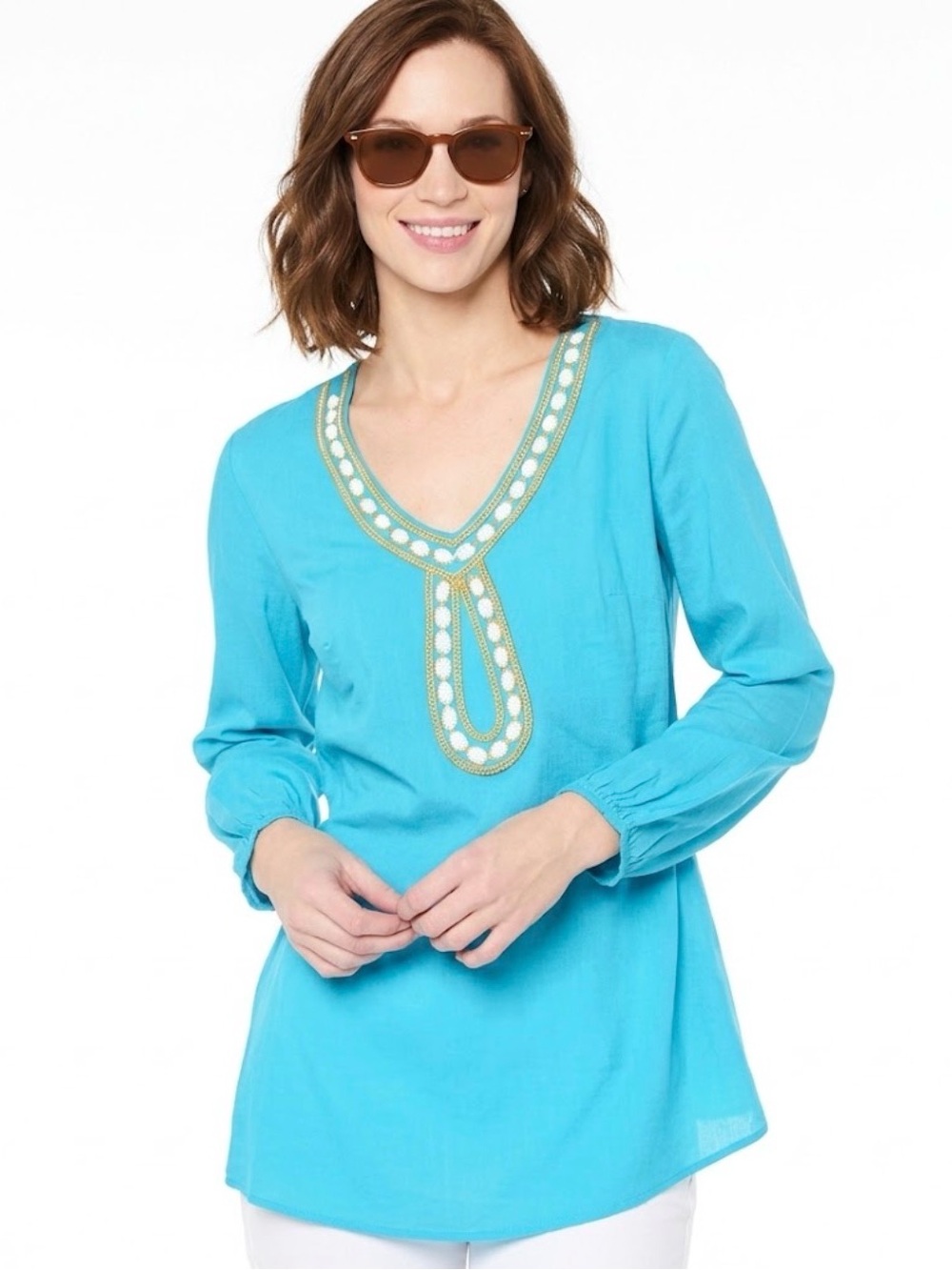Lilly Pulitzer New women Violet Tunic blouse white gold Beaded Embellished top M